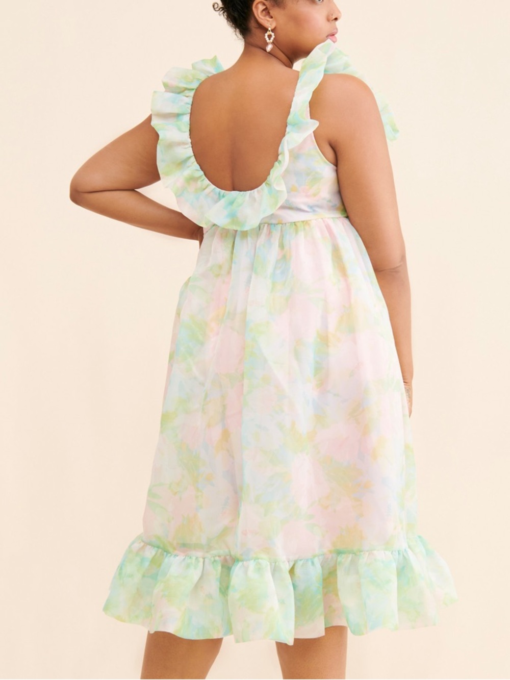 Selkie Maison Amory Ruffle Romance Midi Dress Green Pink Pastel Paints Size M - Picture 2 of 9